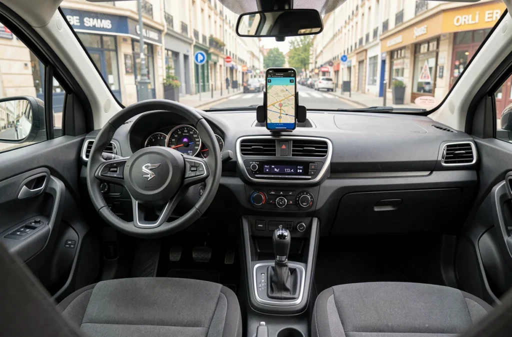 Intérieur et tableau de bord d'une voiture sans permis moderne avec navigation GPS sur Rouen