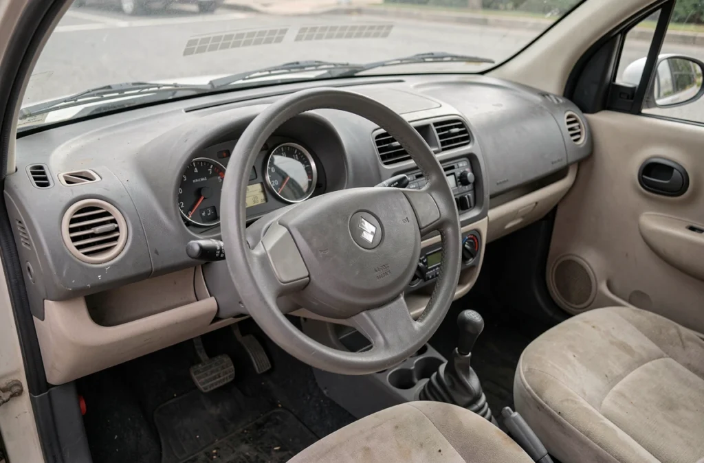 Intérieur et tableau de bord d'une voiture sans permis d'occasion avec sièges en tissu usés