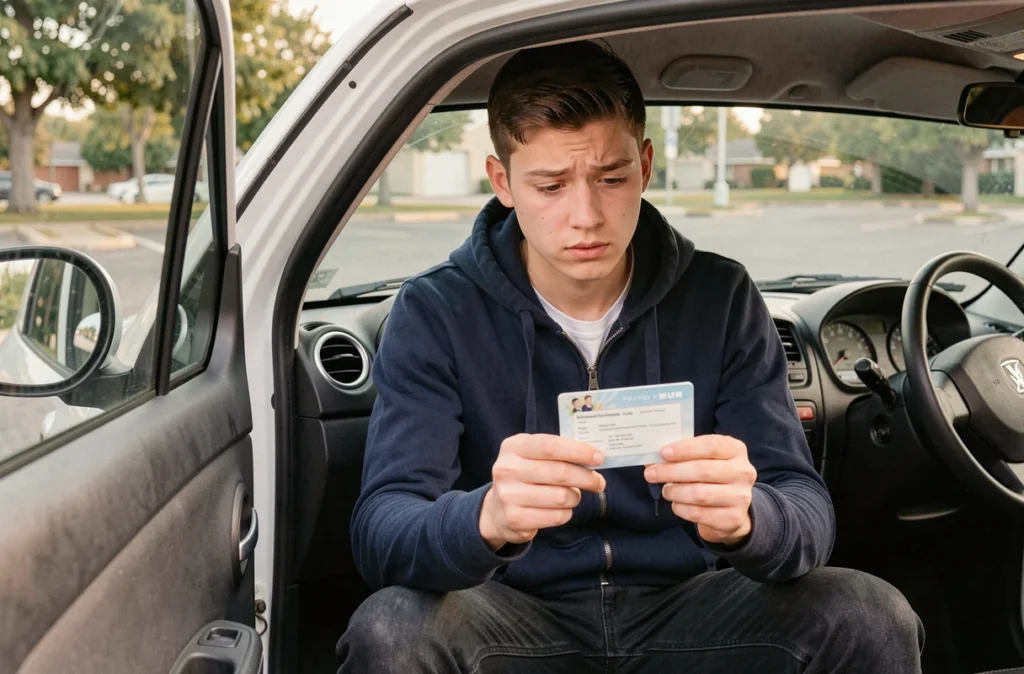 Jeune conducteur de 14 ans vérifiant son permis AM avant de conduire une voiturette sans permis