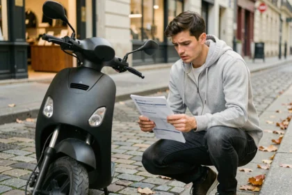 Jeune homme consultant son contrat d'assurance scooter 50cc sur un trottoir en ville