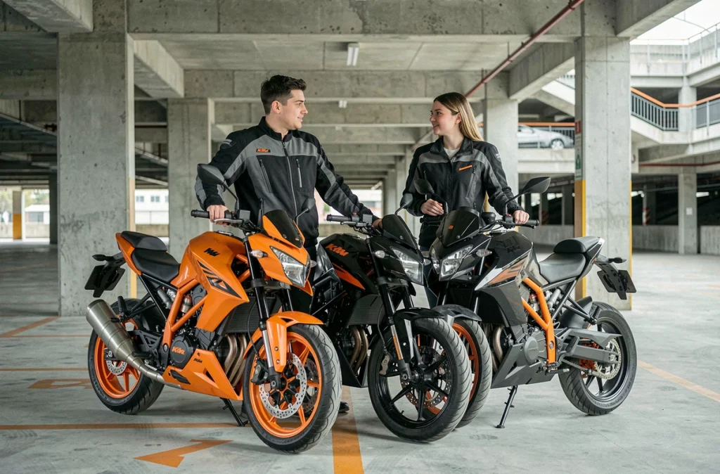 Deux jeunes motards comparant une KTM Duke 125 orange et une noire dans un parking urbain en béton