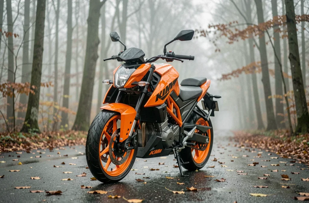 KTM Duke 125 orange garée sur une route forestière mouillée entourée de feuilles d'automne