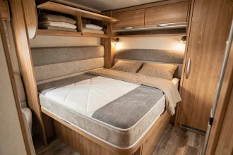 Lit double fixe à l'arrière d'un camping-car Autostar familial d'occasion avec rangements intégrés en bois clair