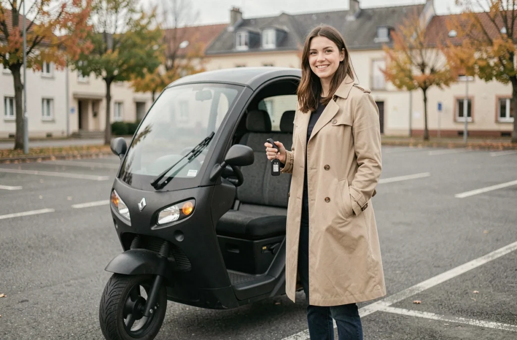 Jeune femme souriante tenant les clés d'une voiture sans permis dans un parking de Dijon