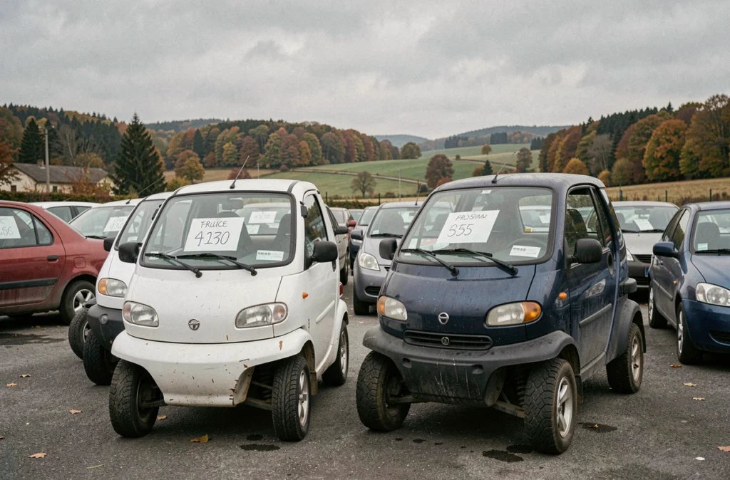 Deux voitures sans permis d'occasion exposées dans un lot de vente en Haute-Marne