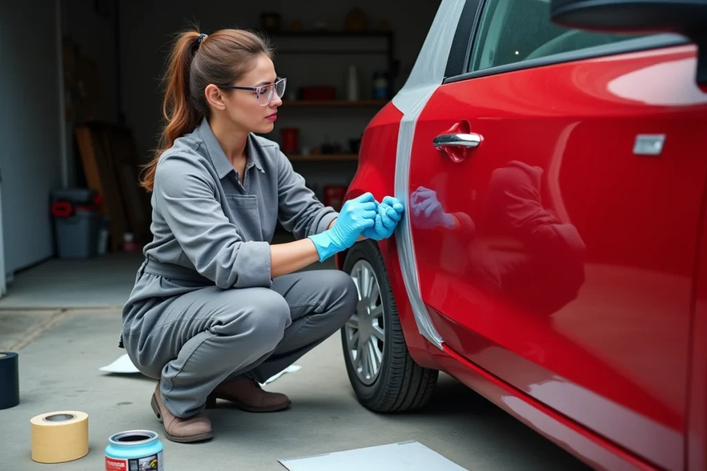 Femme appliquant du ruban de masquage sur une carrosserie rouge avant utilisation d'une bombe peinture en extérieur