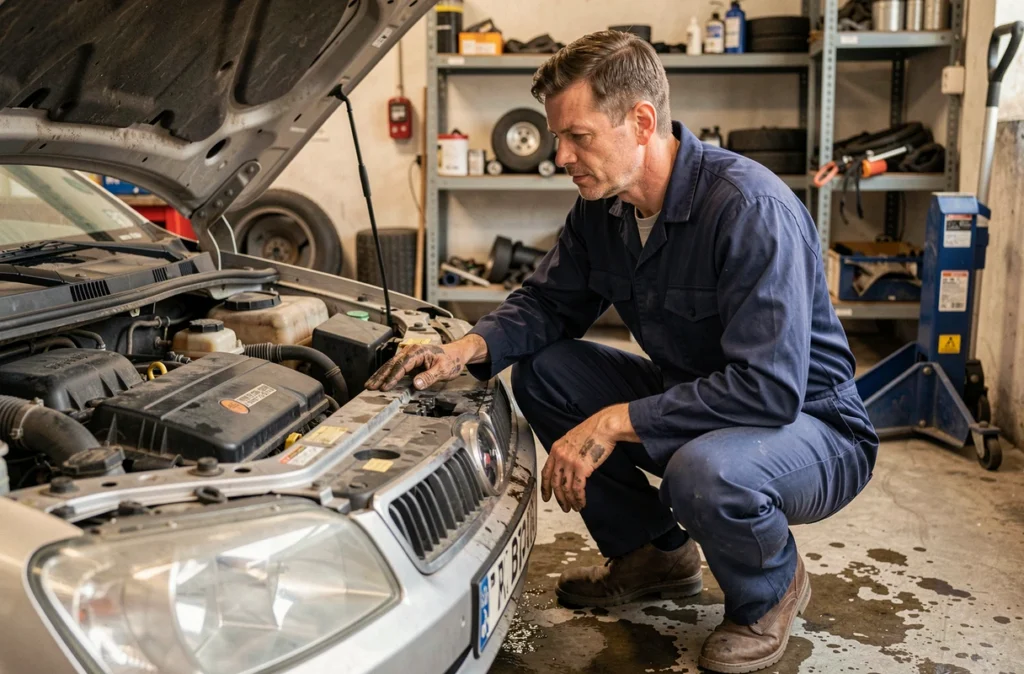 Mécanicien inspectant un moteur diesel HDi dans un garage indépendant, entretien courant d'un moteur 2.0 HDi 90