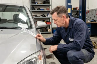 Mécanicien lisant le numéro VIN sur le pare-brise d'une voiture dans un garage automobile