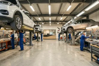 Vue panoramique d'un garage automobile professionnel dans le Grand Est avec plusieurs véhicules sur pont élévateur et des mécaniciens au travail