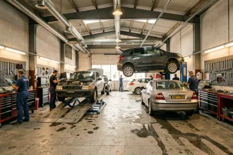 Vue intérieure d'un garage automobile dans la Marne avec mécaniciens au travail sur plusieurs véhicules