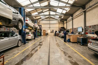 Vue panoramique d'un garage automobile professionnel dans le Vaucluse avec plusieurs voitures sur ponts élévateurs et mécaniciens au travail