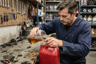 Mécanicien versant de l'huile deux temps dans un bidon d'essence dans un atelier de mécanique