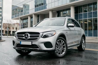 Mercedes-Benz GLC argent garé en ville, angle avant trois quarts, reflet sur asphalte mouillé