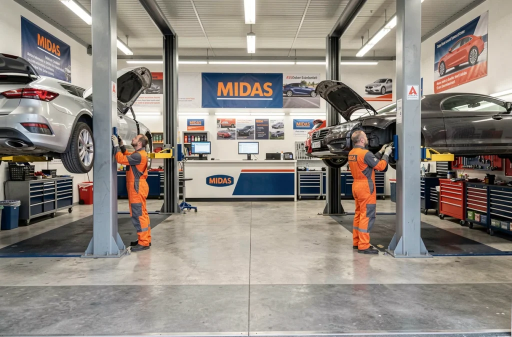 Atelier du centre Midas Mulhouse avec deux mécaniciens en combinaison de travail travaillant sur des véhicules surélevés sous des bannières de la marque