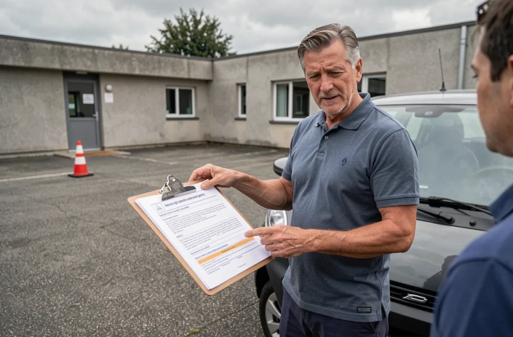 Moniteur d'auto-école expliquant la réglementation du code pour conduire une voiture sans permis