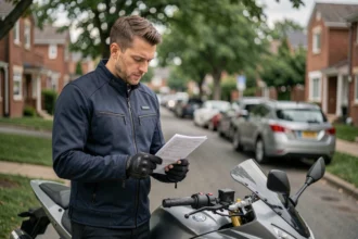 Motard consultant ses documents d'assurance deux-roues devant sa moto garée dans une rue résidentielle
