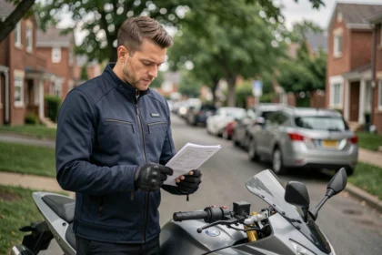Motard consultant ses documents d'assurance deux-roues devant sa moto garée dans une rue résidentielle