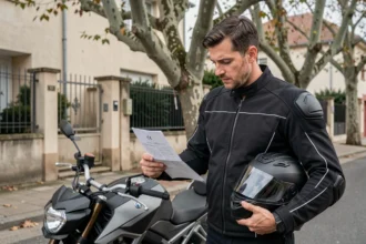 Motard examinant un document d'assurance moto à côté de sa moto dans une rue résidentielle française