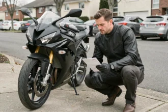 Motard examinant son moto et son contrat d'assurance moto Xenassur sur le trottoir
