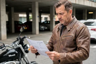 Motard tenant un document d'assurance moto en consultant les détails de son contrat dans un parking urbain