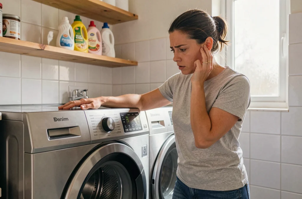 Femme diagnostiquant un moteur de lave-linge bruyant dans une buanderie domestique pouvant indiquer un condensateur défaillant
