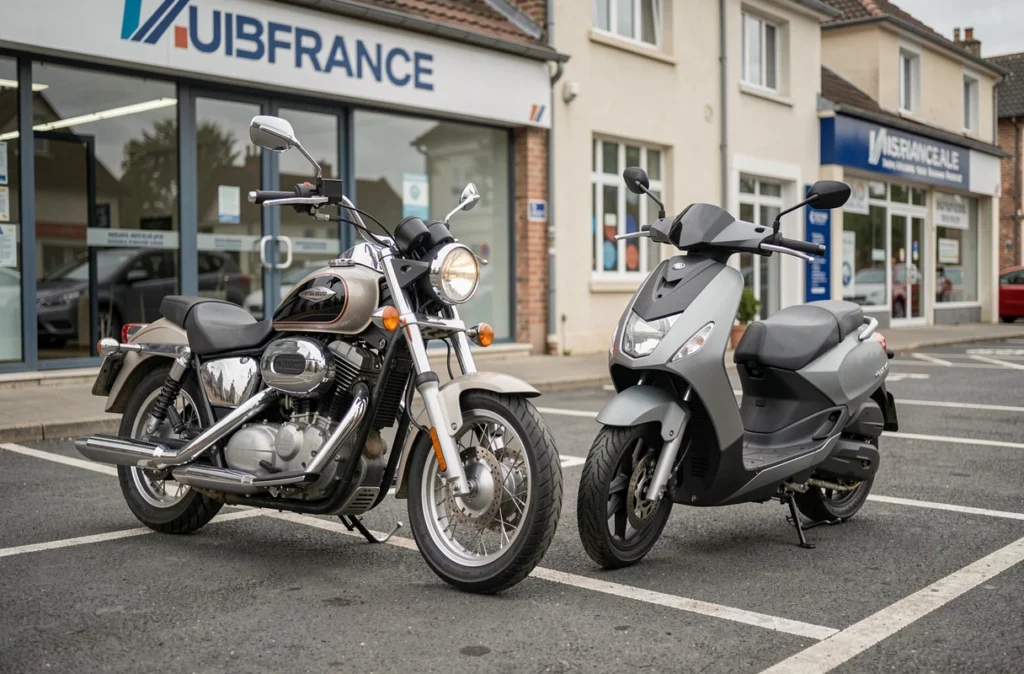 Deux motos garées devant une agence d'assurance moto pour comparer les garanties Xenassur