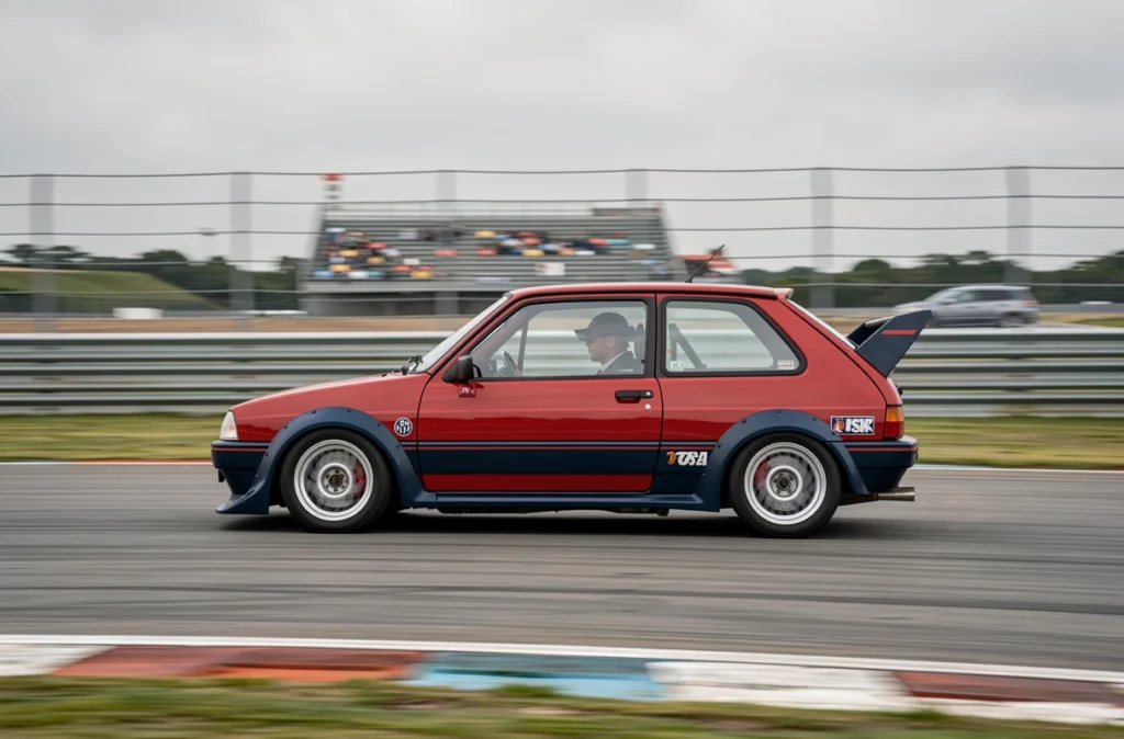 Petite sportive turbo des années 1980 en roulage sur circuit