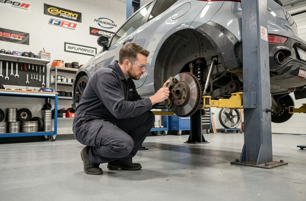 Mécanicien du garage Pikes Peak inspectant les composants de suspension d'une voiture sportive surélevée sur un pont à quatre colonnes