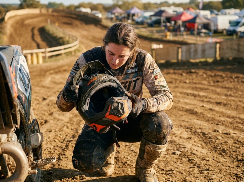Pilote de motocross féminine inspectant l'intérieur rembourré d'un casque intégral sur un circuit de terre