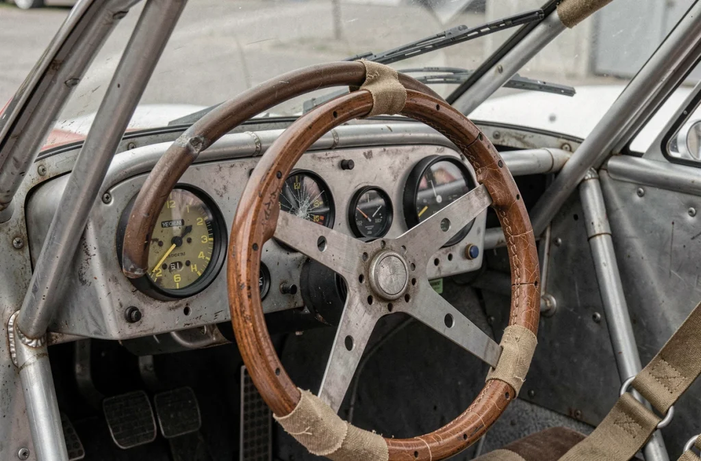 Intérieur cockpit authentique de la Porsche 917 avec tableau de bord Veglia, volant en bois et harnais en toile, gros plan hyper-réaliste