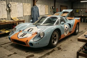 Porsche 917 Gulf en livrée bleu et orange dans un garage de Le Mans des années 1970, vue grand-angle 3/4 avant sur sol en béton taché d'huile