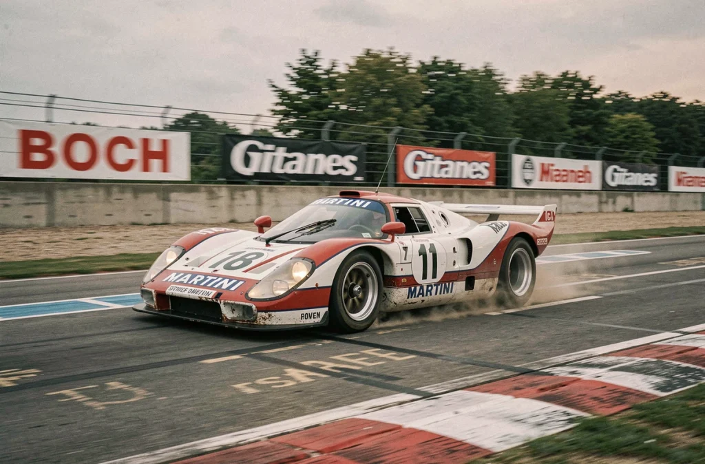 Porsche 917 Martini en pleine vitesse sur la ligne droite des Hunaudières à Le Mans, effet de filé cinétique sur fond de forêt et panneaux publicitaires d'époque