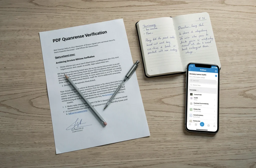 Vue de dessus d'un questionnaire PDF imprimé pour la vérification du permis de conduire posé sur un bureau en bois avec un crayon et un cahier