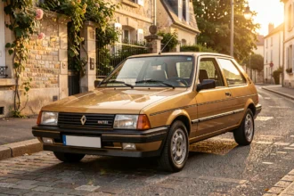 Renault Super 5 garée dans une rue française au soleil couchant