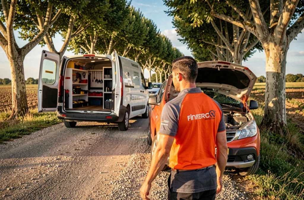 Technicien du réseau Repar and Go intervenant rapidement auprès d'un véhicule en panne en bord de route