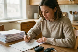 Femme signant des documents de résiliation d'assurance voiture à une table en bois