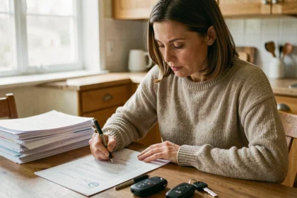 Femme signant des documents de résiliation d'assurance voiture à une table en bois