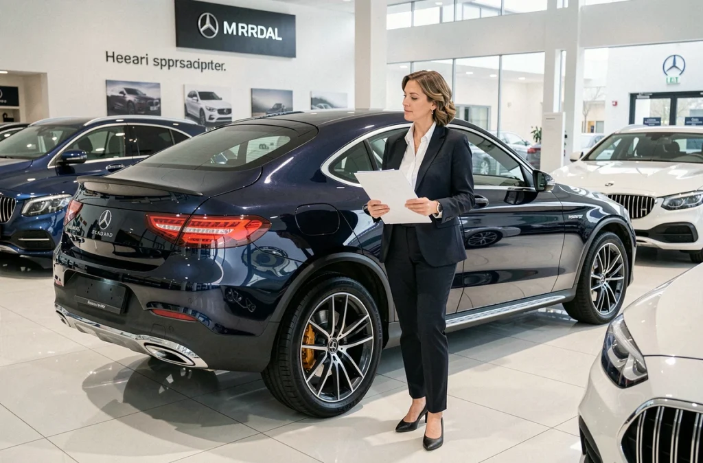 Femme évaluant un Mercedes GLC Coupé bleu nuit dans une concession automobile moderne