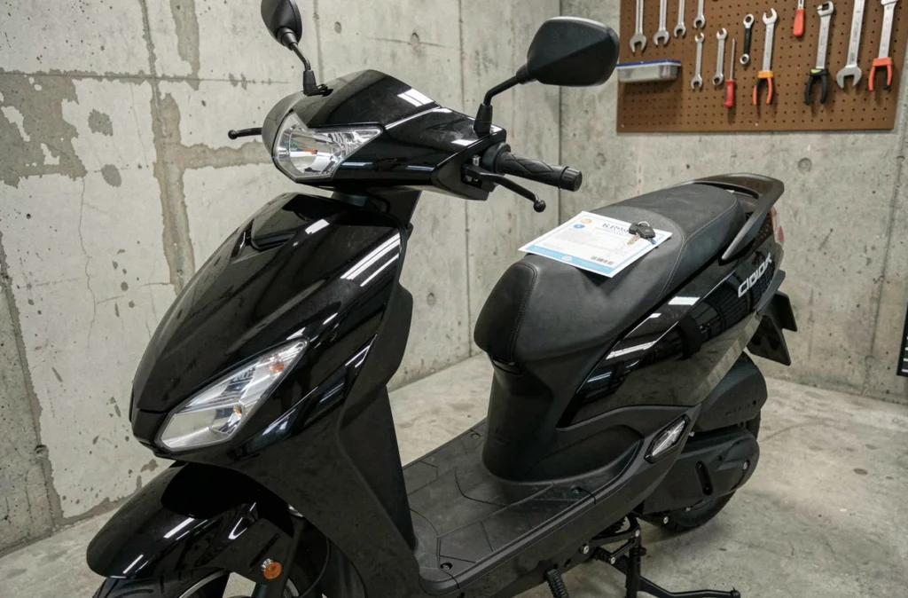 Scooter 500cc garé dans un garage avec certificat d'assurance posé sur la selle