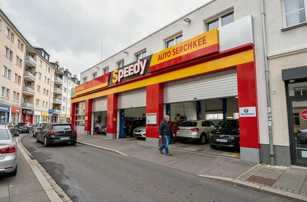 Façade du centre Speedy Strasbourg-Meinau sur un boulevard commercial avec ses baies d'atelier ouvertes et un client à l'entrée