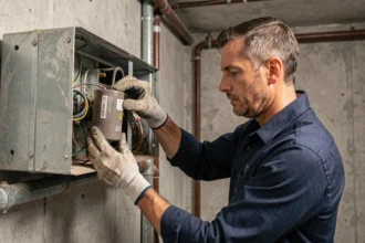 Technicien en train de déposer un condensateur de moteur défectueux d'un système de climatisation dans une chaufferie industrielle