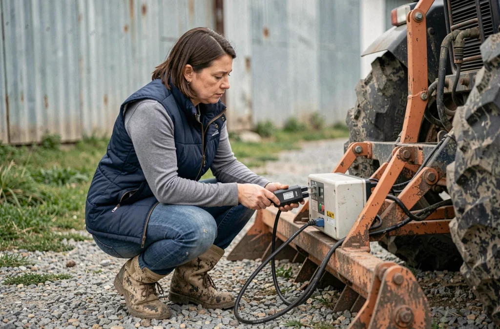 Technicienne agricole connectant un câble de signal GPS entre un outil agricole et un récepteur de guidage dans une cour de ferme