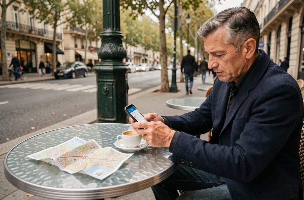 Touriste en terrasse de café parisien réglant son stationnement avec PayByPhone sur smartphone