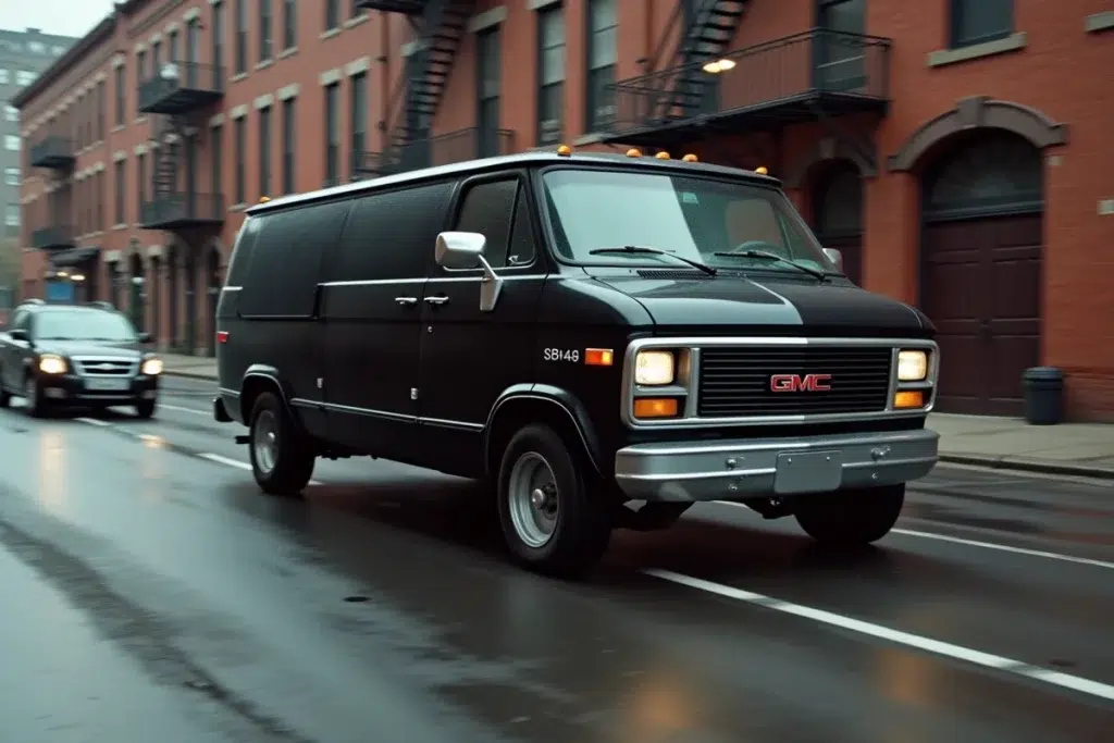 Van noir GMC Vandura de l'Agence tous risques en mouvement dans un quartier urbain américain des années 80