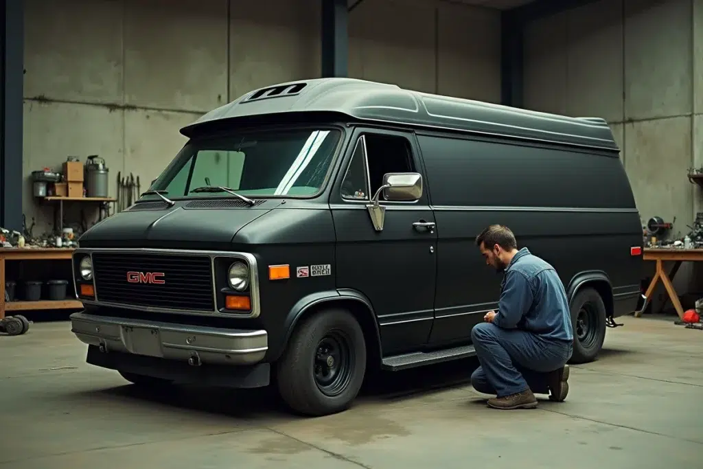 Mécanicien inspectant le van noir GMC Vandura de l'Agence tous risques dans un garage industriel vintage