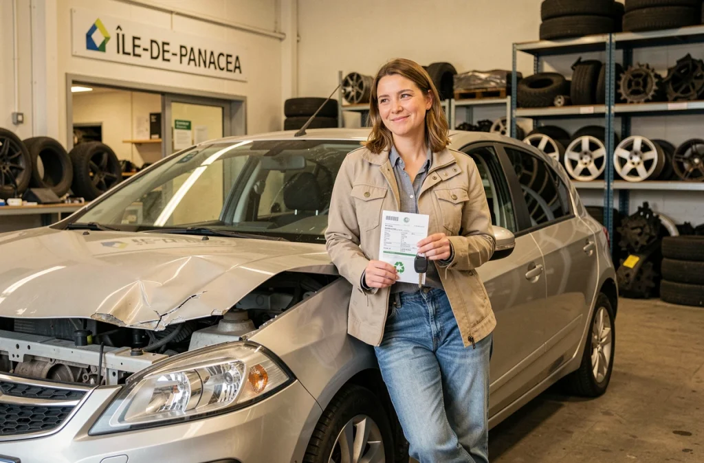Propriétaire de véhicule épave satisfaite devant une casse automobile en Essonne après la vente de sa voiture accidentée