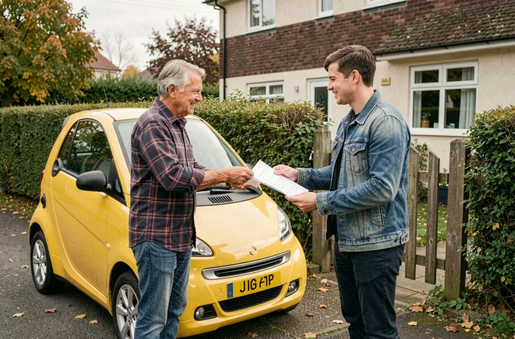 Transaction entre particuliers pour l'achat d'une voiture sans permis d'occasion devant une maison