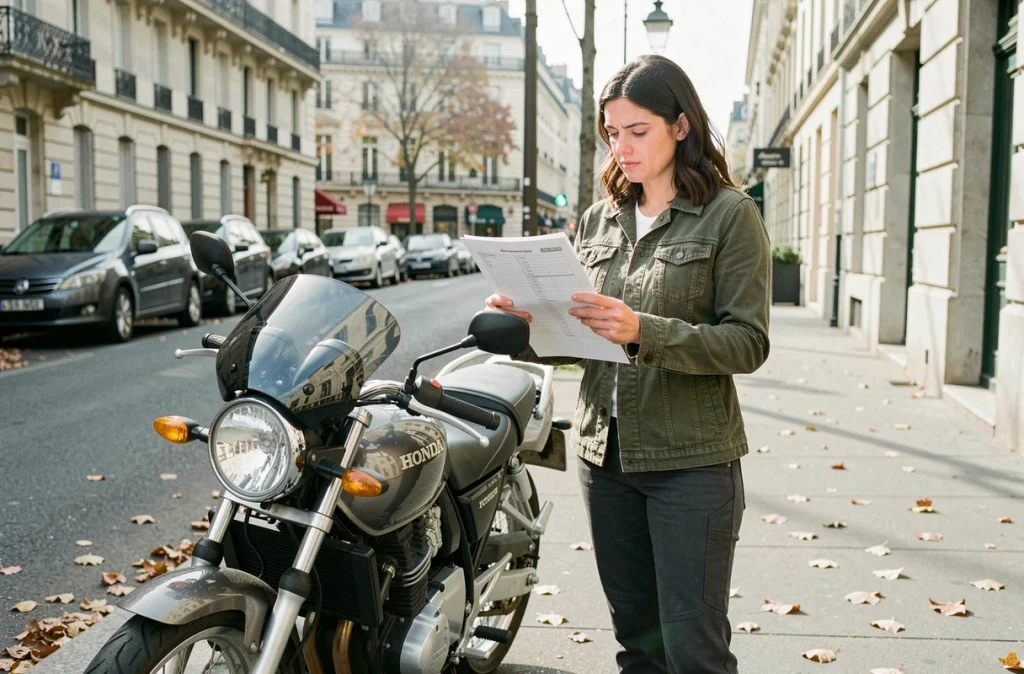 Femme vérifiant les documents d'une Honda CB 900 avant signature de l'acte de vente en ville