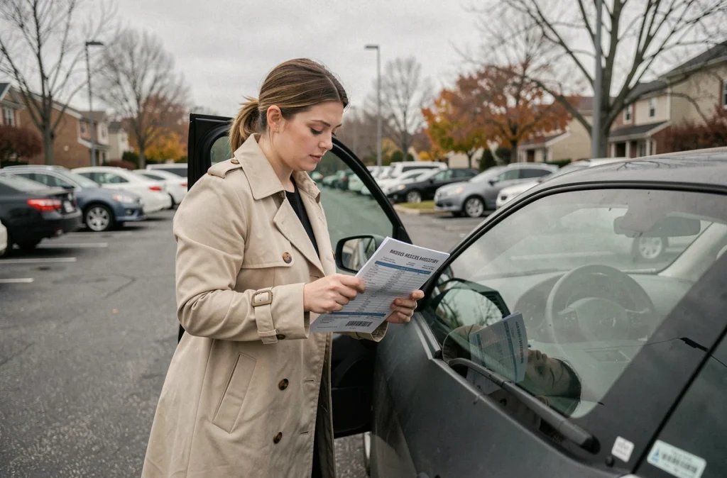 Femme vérifiant le numéro VIN d'un véhicule avec un rapport d'historique dans un parking