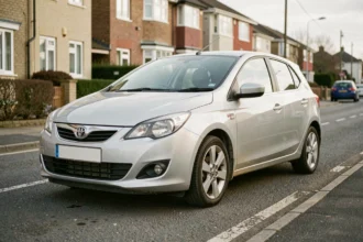 Voiture compacte diesel 2.0 HDi 90 garée dans une rue résidentielle, vue en trois quarts avant